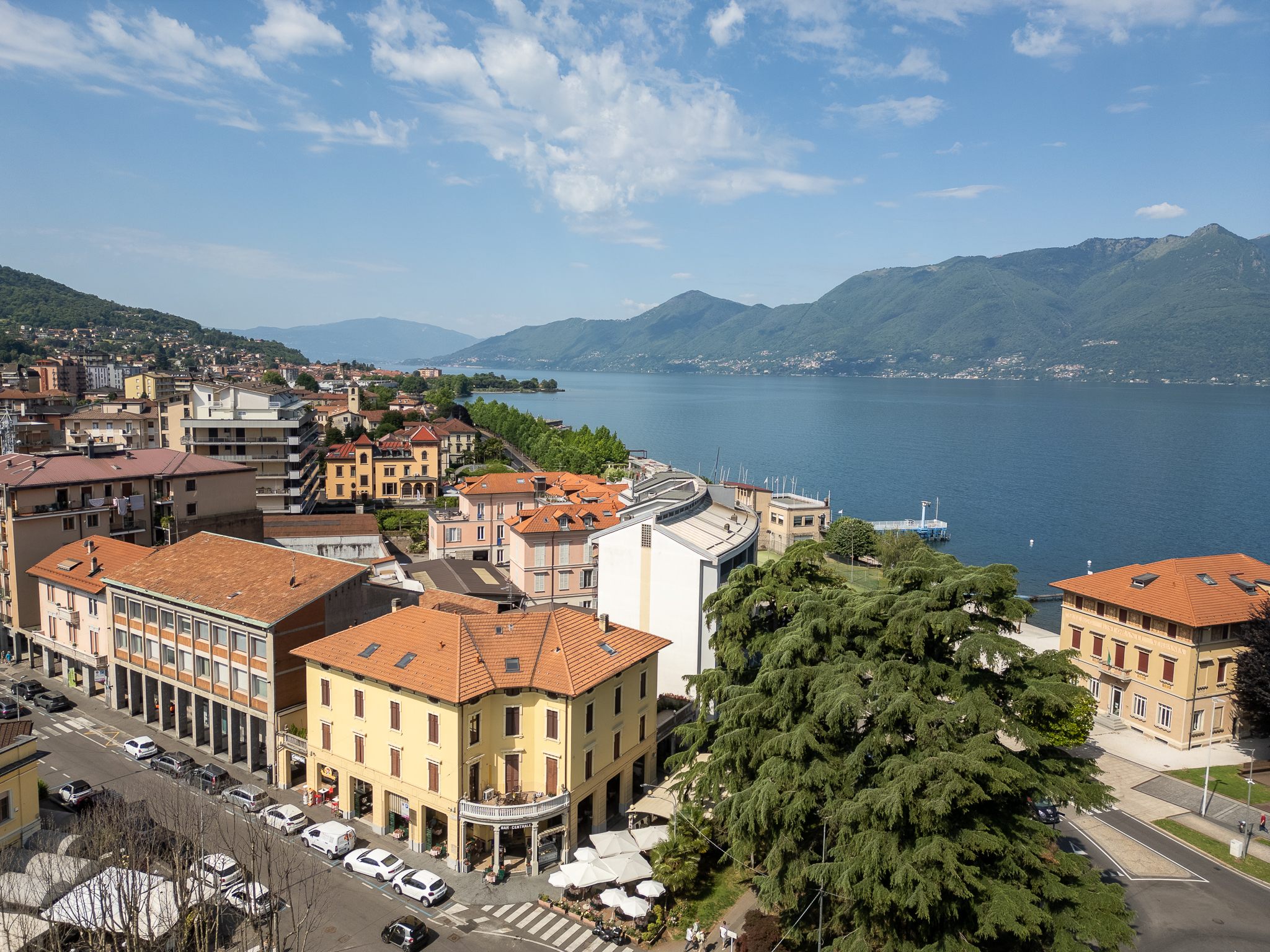 Aerial panorama of central Luino and Lake Maggiore